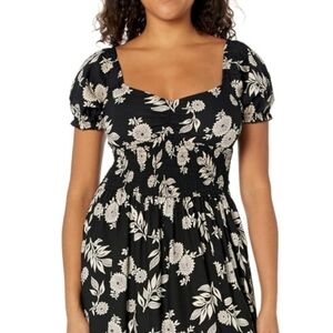 Angie Black And Cream Floral Sweetheart Neckline Tiered Smocked Dress - Large